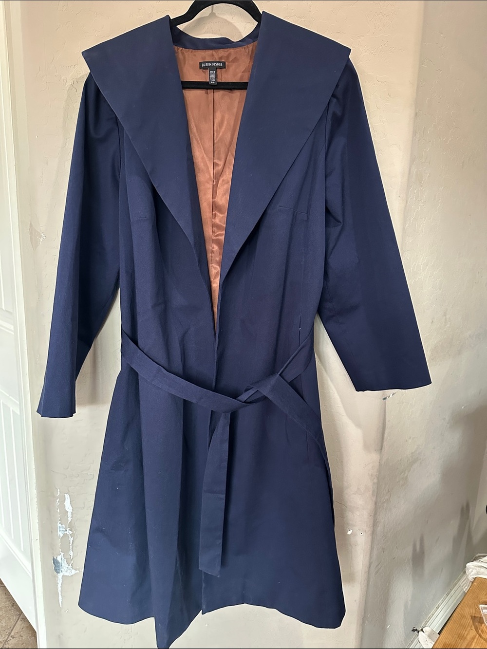 Eileen Fisher Navy Trench Coat with Wide Shawl Collar